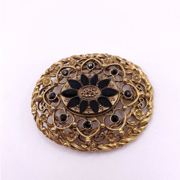 Vintage Large Brooch With Obsidian Stone Floral Design Gold Tone Filigree - Picture 5 of 7